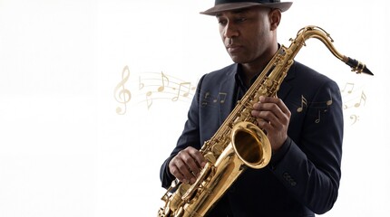 Fototapeta premium Man in hat playing golden saxophone with musical notes on white background
