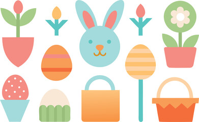 A collection of cheerful easter themed illustrations featuring a bunny, eggs, flowers and baskets Vector, illustration