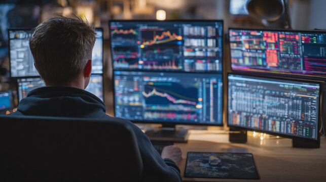 A man sitting in front of multiple computer monitors displaying stock market data