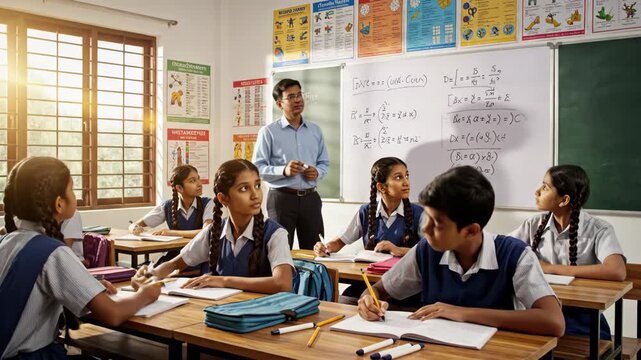 A group of students in a classroom setting with a teacher writing on the whiteboard and explaining math problems on the board