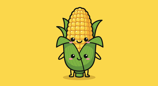 Adorable kawaii corn on the cob character with a happy smiling face, arms, and legs, standing against a bright yellow background.