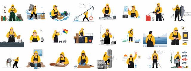 Comprehensive Flat Vector Set Illustrating the Hard Work, Equipment, Safety Protocols, and Daily Operations of a Professional Commercial Fisherman. © Sabiqul