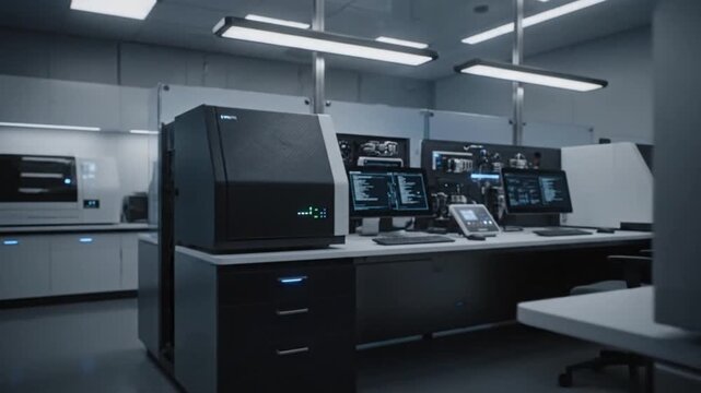 Modern laboratory workspace with robotic arm and computer workstations