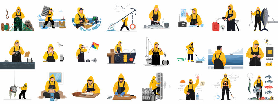 Comprehensive Flat Vector Set Illustrating the Hard Work, Equipment, Safety Protocols, and Daily Operations of a Professional Commercial Fisherman.