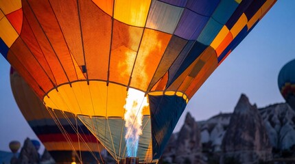 Obraz premium Colorful hot air balloon gracefully ascends into the dusky sky, illuminated by flames, above the surreal landscape.