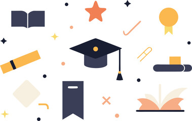 A collection of graduation and education-related icons, including a cap, books, and a diploma Vector, illustration