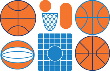 A collection of stylized basketballs, a net, and other related graphic elements in a flat design Vector, illustration
