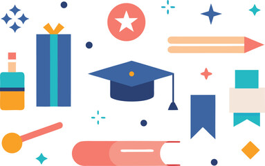 A collection of icons representing education, celebration, and achievement, including a graduation cap, book, and gift Vector, illustration