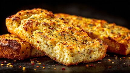 Garlic bread with parmesan crust, cheese granules visible, warm studio lighting