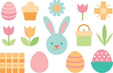 A collection of cute easter-themed illustrations including eggs, bunnies, tulips, and other festive elements Vector, illustration