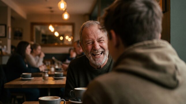 A heartwarming moment of intergenerational connection, laughter, and companionship shared over a cup of coffee in a cozy cafe, depicting the joy of connection and the beauty of shared experiences.