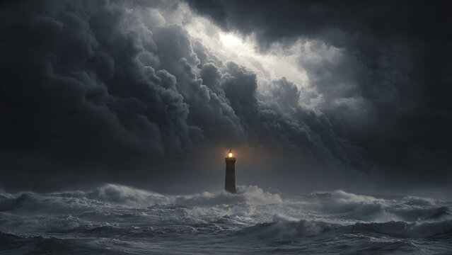 A solitary lighthouse stands defiant against towering black storm clouds that churn above a violent ocean