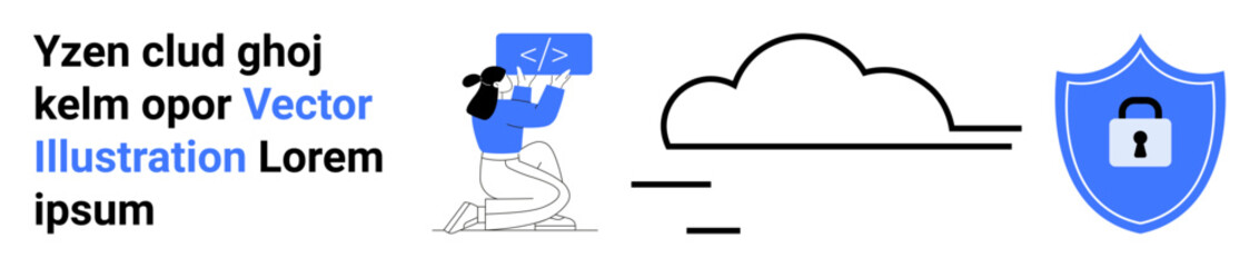 Cybersecurity, data protection, cloud computing, coding, online safety, software development. Woman coding, cloud symbol shield with lock icon. Cybersecurity and data protection concepts