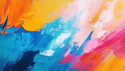 A vibrant abstract painting with bold colors, featuring strokes of orange, blue, pink, and white, evoking energy and creativity.