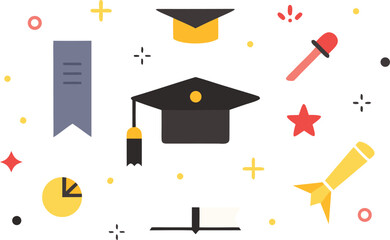 Collection of educational icons and symbols representing graduation, learning, and academic achievement Vector, illustration