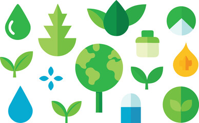 A collection of green eco-friendly icons representing nature, sustainability, and environmental conservation Vector, illustration