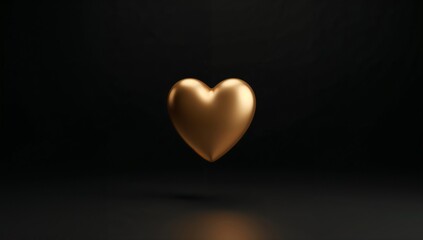 Floating metallic gold heart hovering above glossy dark floor, casting faint reflection and shadow
