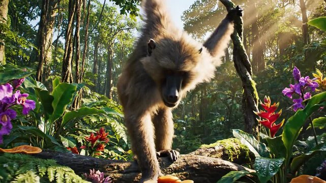 Playful monkey swinging through lush jungle foliage