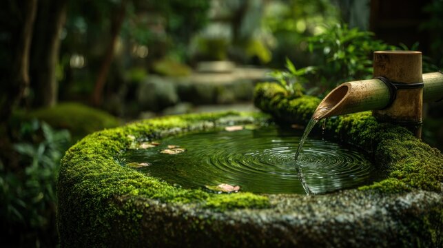 A tranquil Japanese garden showcases a moss-covered stone water basin. During daytime, fresh water pours into the basin from a bamboo spout, creating ripples on the surface