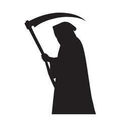 Silhouette of the grim reaper holding a large scythe against a plain white background.