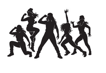 Black silhouettes of five female dancers performing dynamic moves against a white backdrop