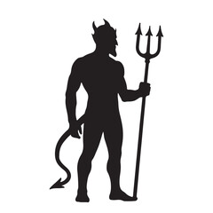 Black silhouette of a muscular devil holding a pitchfork with horns and a pointed tail