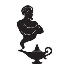 Black silhouette of a powerful genie emerging from a magic oil lamp on a white background