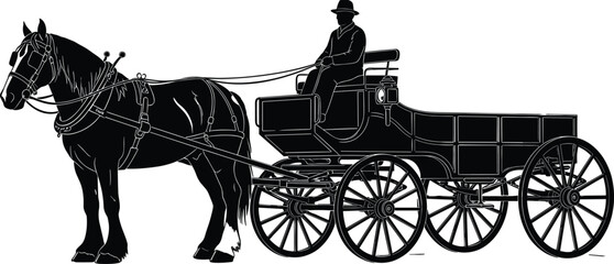 Black silhouette illustration of horse drawn carriage with driver, vintage transportation wagon isolated on white background, classic rural transport artwork © Art_By_Aktarina