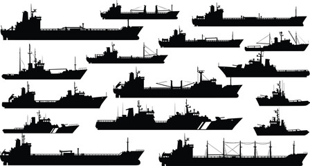 Cargo and naval ship silhouettes collection featuring various vessel types, black vector maritime illustration set isolated on white background