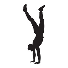 Silhouette of a man performing a handstand with legs split against a white background.