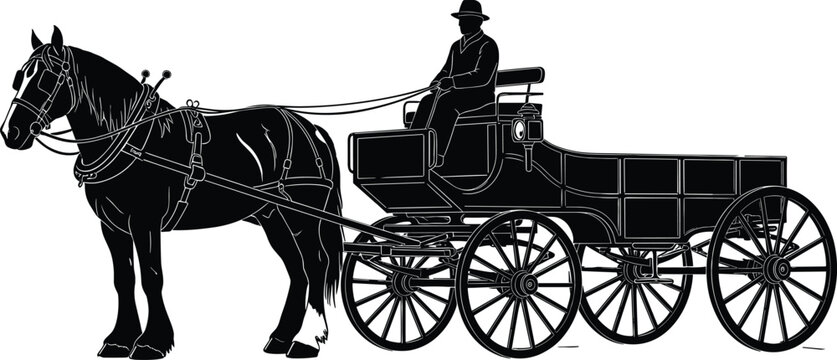 Black silhouette illustration of horse drawn carriage with driver, vintage transportation wagon isolated on white background, classic rural transport artwork