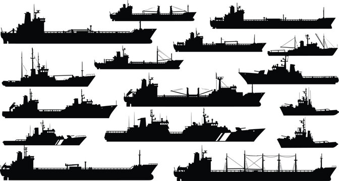 Cargo and naval ship silhouettes collection featuring various vessel types, black vector maritime illustration set isolated on white background