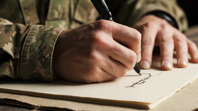Closeup of soldiers hand writing with pen on notebook indoors