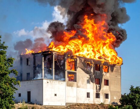 A multi-story building engulfed in flames, thick smoke billowing into a blue sky. The exterior is severely damaged