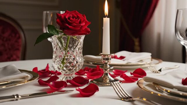 Formal dinner table set for two with rose and candle