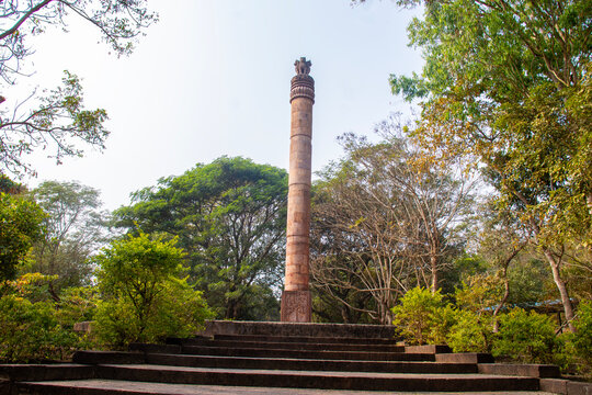 Ancient Ashokan pillar at Dhauli, Odisha rises on stepped platform, crowned with lion capital, surrounded by greenery, symbolizing Mauryan heritage, peace, and Buddhism.
