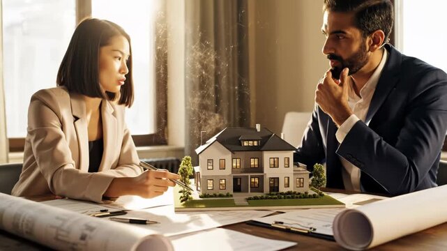Couple discussing a house model and blueprints with a man pointing and a woman taking notes