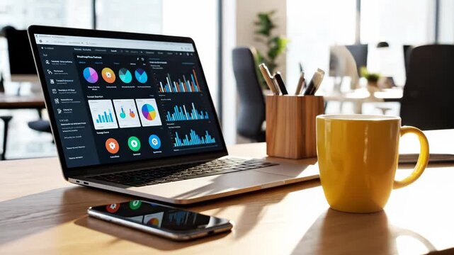 Laptop computer on a desk with graphs on the screen and office supplies nearby in a modern workspace setting with natural light