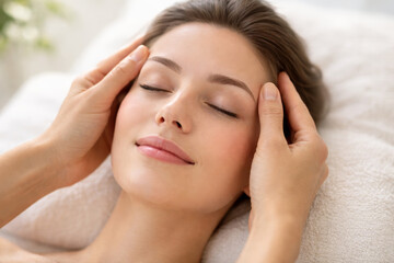 Naklejka premium Woman receiving a relaxing facial massage in serene spa setting