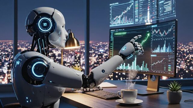 Futuristic humanoid robot analyzing financial stock market data on tech computer in modern office with cityscape night view artificial intelligence and machine learning trading concept with glowing