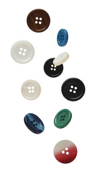 Buttons PNG. Colorful buttons falling down isolated. Clothing button for sewing PNG. Blue, white, black and green clothes buttons floating isolated. Button circle for fashion PNG