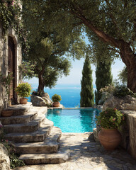 Naklejka premium Mediterranean villa terrace with pool and sea view, lush garden