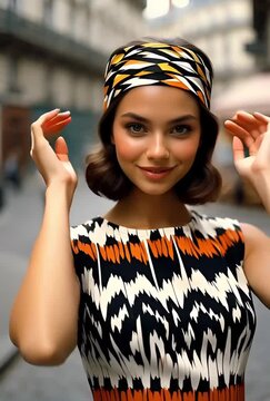 A model stands confidently in a unique outfit on a cobblestone street in Paris. The area has cafes and shops, with people enjoying their day in the background.