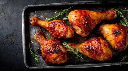 Spicy roasted chicken drumsticks with rosemary and seasoning on tray.