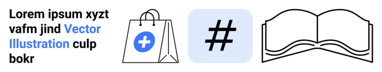 Fototapeta premium Shopping bag with medical cross, metadata tag icon in blue square, and open book outline. Ideal for e-commerce, social media, education, healthcare, branding, marketing simple landing page