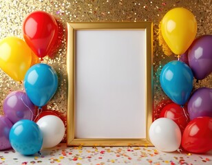 Obraz premium Golden frame with colorful balloons and confetti. Festive background for birthday, party, or celebration. Blank space for custom text or photo invitation.