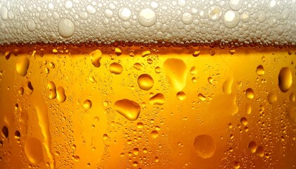 A close-up image of a refreshing glass of beer with droplets on the surface. The golden liquid captures light beautifully, inviting a sense of relaxation and enjoyment. bar