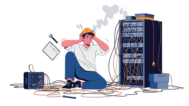 A distressed IT technician sits overwhelmed amidst a chaotic tangle of network cables in a server room, facing a system malfunction.