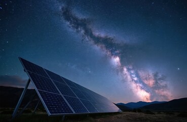 Fototapeta premium Solar panel installation under starry night sky. Milky Way galaxy above mountain landscape. Clean energy tech generates power from starlight.