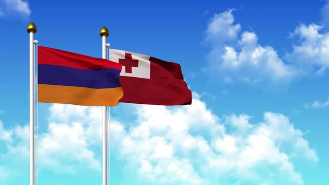 Waving flags of ARMENIA and TONGA on pole included with alpha